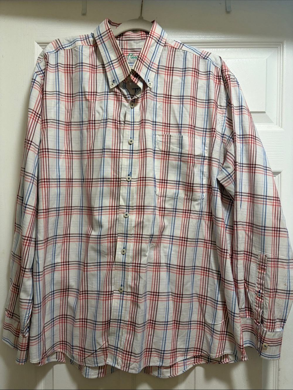 Alan Flusser White Button-Down Shirt with Red & Blue Plaid